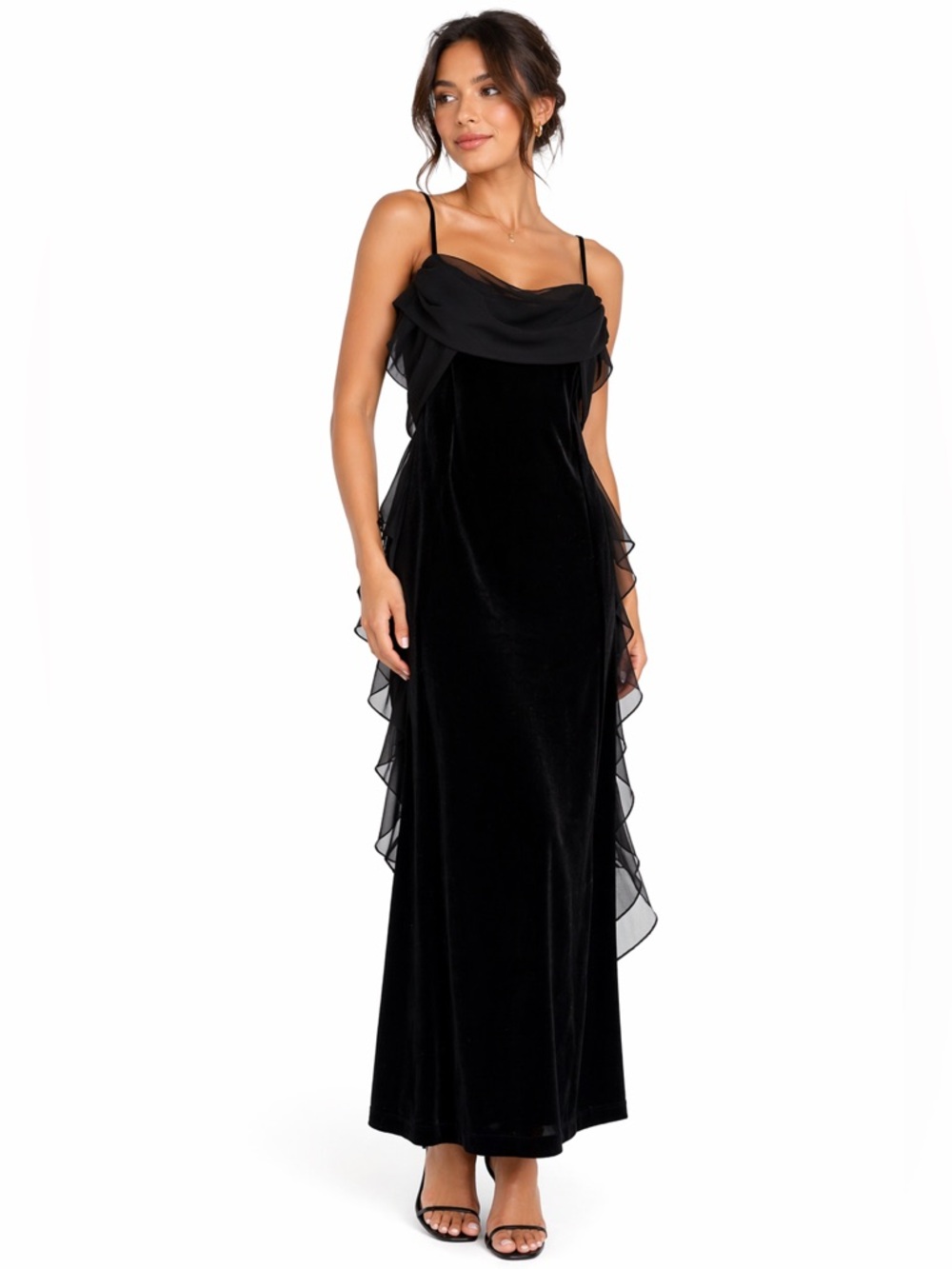 VINTAGE Velvet Formal Evening Gown Elegant Black Chiffon Ruffle Prom Black Tie